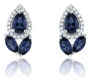 Artisan Blue Sapphire & Diamond Cluster Stud Earrings Made in 925 Silver - A Pair