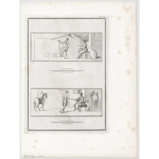 1762 antique engraving of a horse, male nudes and mythological figures.