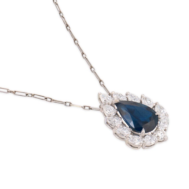Vintage 2.28 Carat Sapphire Diamond Platinum Pendant Necklace For Sale - Image 4 of 5