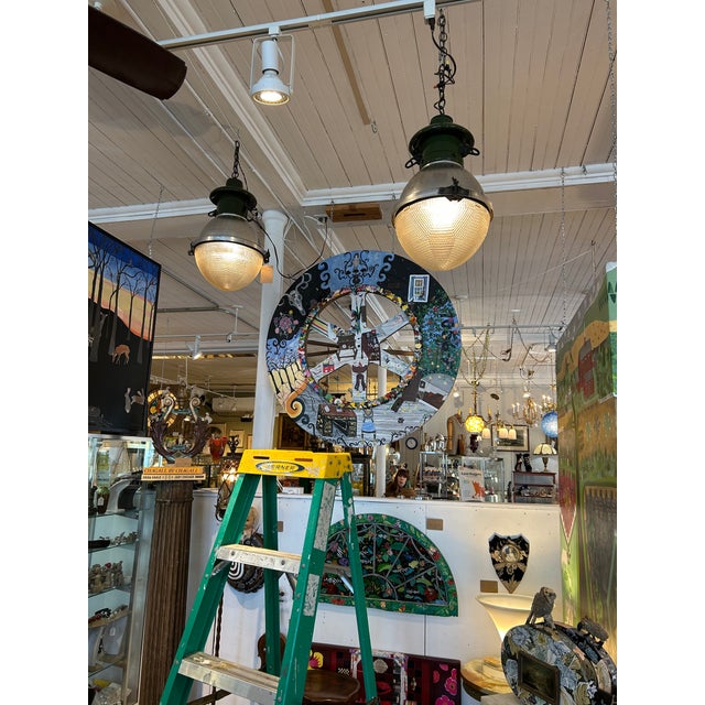 Silver Vintage Industrial Pendants With Green Enamel - A Pair For Sale - Image 8 of 10