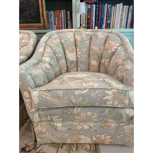 1950s Vintage Channel Back Club Chairs Reupholstered in Waverley for Schumacher ‘Hazel’ Linen Fabric For Sale - Image 5 of 9