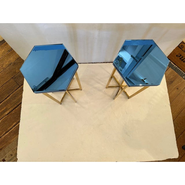 Blue Hollywood Regency Brass & Beveled Blue Mirrored End Tables -A Pair For Sale - Image 8 of 9