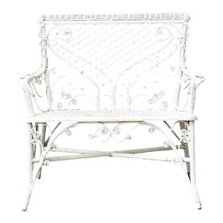 Vintage White Fiddlehead Rattan Garden Bench For Sale