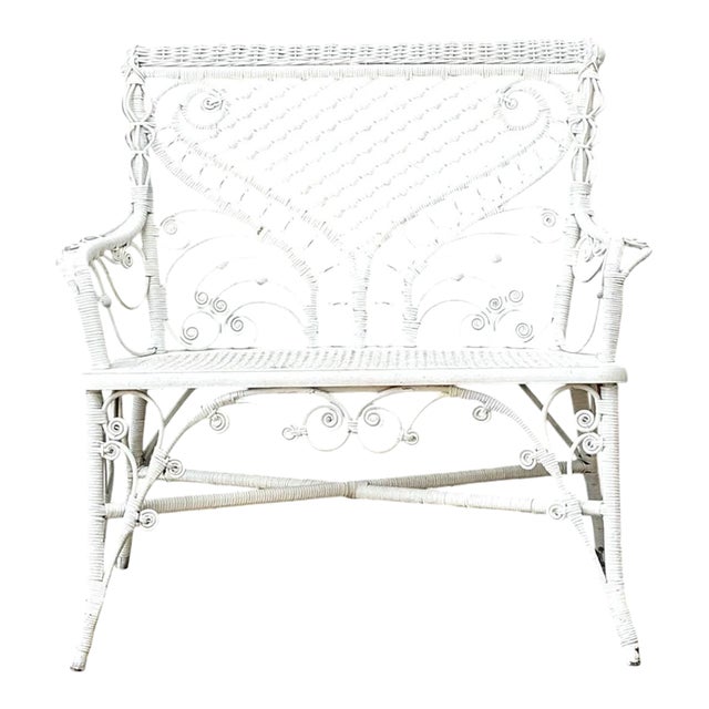 Vintage White Fiddlehead Rattan Garden Bench For Sale