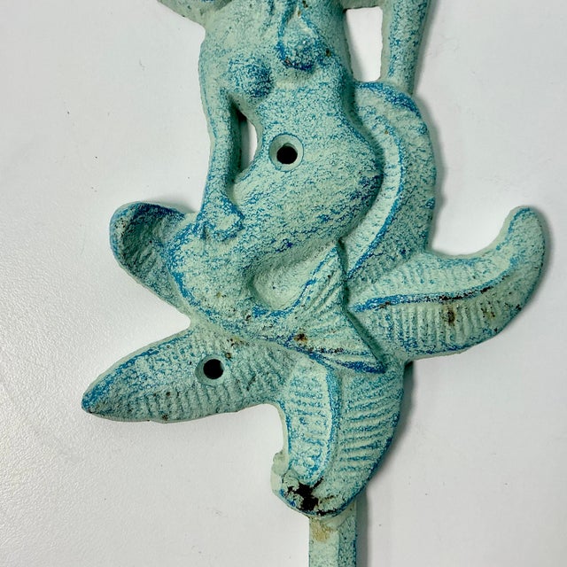 Metal 1970s Vintage Cast Iron Coastal Nautical Verdigris Mermaid Wall Hook. For Sale - Image 7 of 10