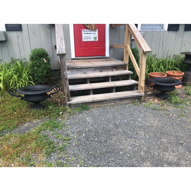 Brown Neoclassical Newly Painted Black Garden Planters Urns With Fancy Handles -A Pair For Sale - Image 8 of 11