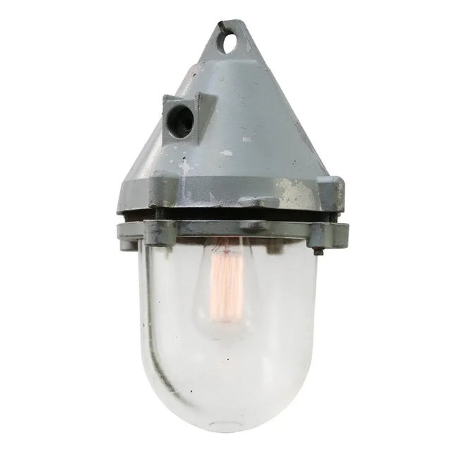 Industrial Clear Glass & Grey Pendant Light For Sale - Image 4 of 6