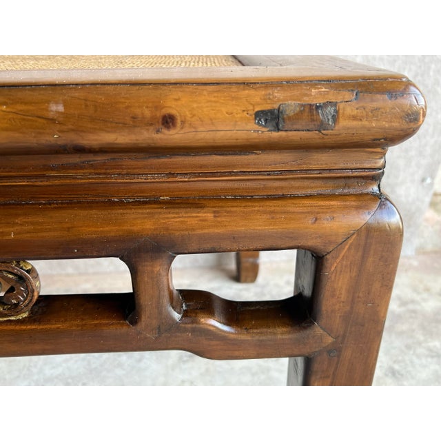Brown Antique C1800s Chinese Ming Style Elm Wood Side Table With Woven Rattan Top For Sale - Image 8 of 12