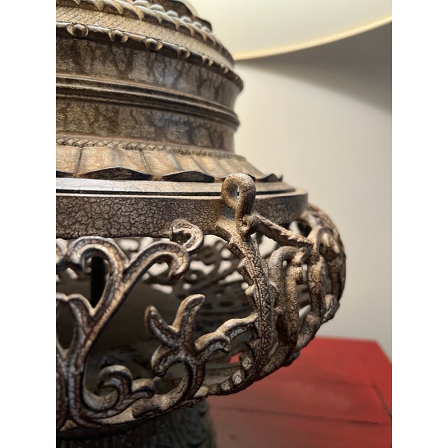 Oyster Gray Large Late 20th Century Moroccan/Spanish Style Metal Table Lamp Filigree Base For Sale - Image 8 of 11