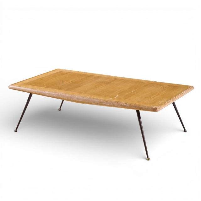 Brown t.h. Robsjohn Gibbings for Widdicomb Mid Century Brass Leg Mahogany Coffee Table Bench For Sale - Image 8 of 10