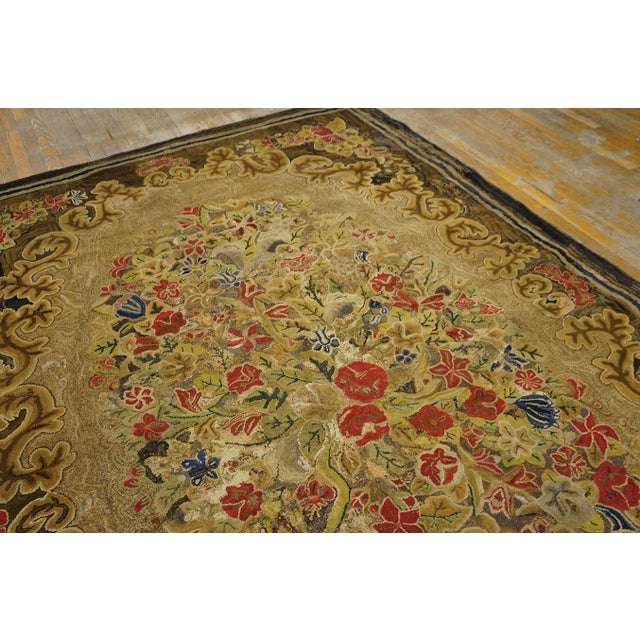 American 1880s Tan Camel Floral Folk Art Antique American Rug 6'10" X 10'0" Handknotted Wool Carpet For Sale - Image 3 of 6
