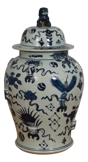 Large Blue & White Chinese Stoneware Kylin Temple Jar