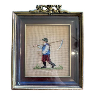 Vintage Framed Needlepoint Folk Art Peasant Figure Decorative Frame 5”x5.5” Art For Sale