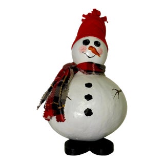 Vintage Arts & Crafts Holiday Snowman Hand-Painted Gourd Art, White, Red & Green For Sale