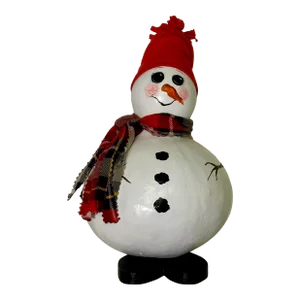 Vintage Arts & Crafts Holiday Snowman Hand-Painted Gourd Art, White, Red & Green