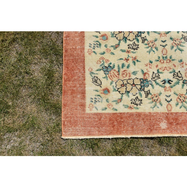 Textile 1970s Vintage Boho Style Hand Knotted Floral Beige Oushak Rug For Sale - Image 7 of 8
