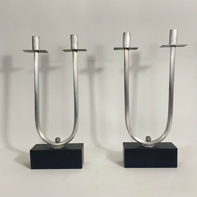Vintage Modernist Steel Candelabra Holder Pair on an Ebonized Wood Bases For Sale - Image 13 of 13