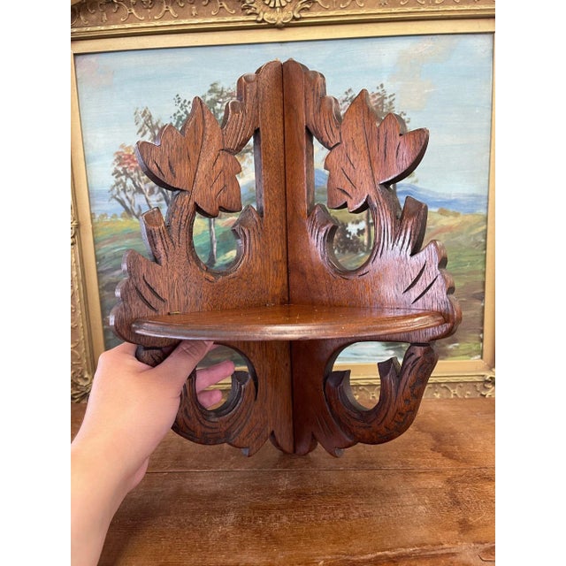Mid-Century Modern Vintage Ornate Hand Carved Wooden Corner Hanging Shelf With Leaf Motif For Sale - Image 3 of 9