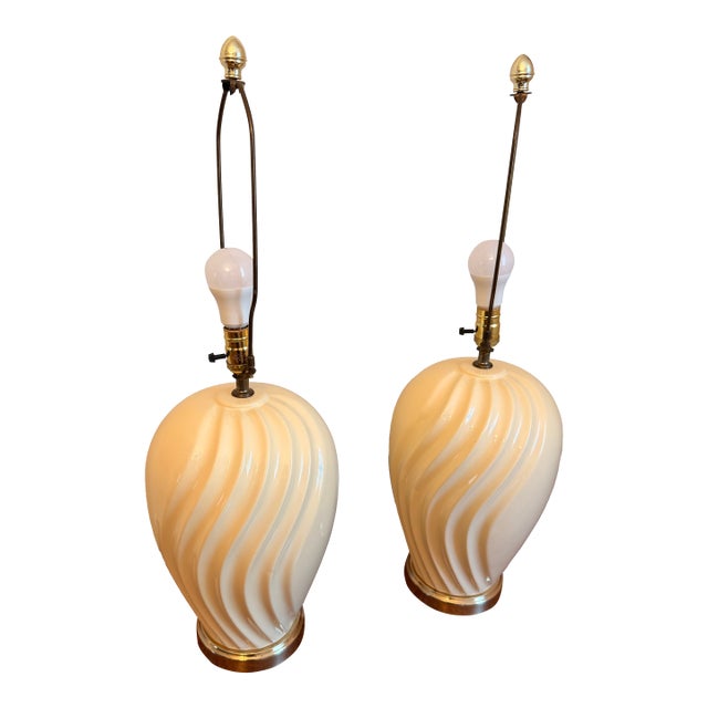 Pair of Large 1980s Art Deco Revival Cream Swirl Cream Ceramic Table Lamps For Sale