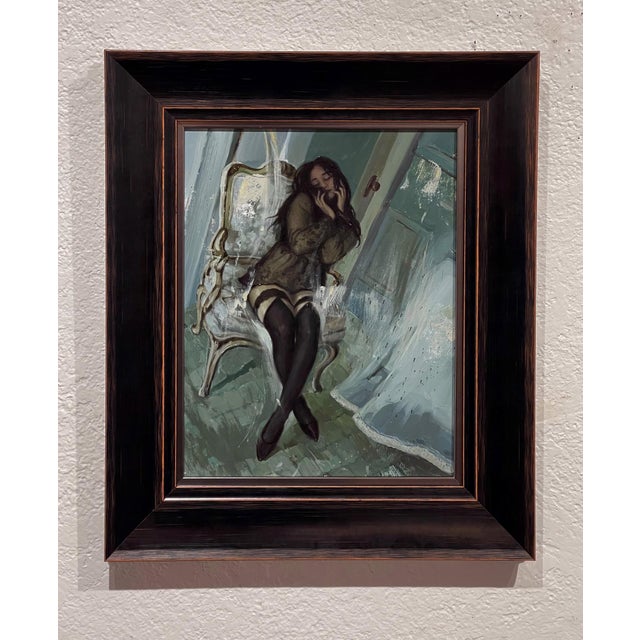 Ashore by Nadezda | Oil on panel Painting of a woman sitting on a chair in a room. For Sale - Image 4 of 5