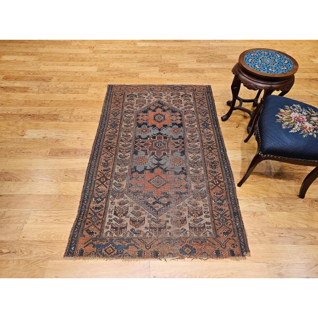 Navy Blue 19th Century Persian Malayer Rug, Handwoven Geometric Pattern, Turquoise & Ivory, 4’ X 6’ For Sale - Image 8 of 10
