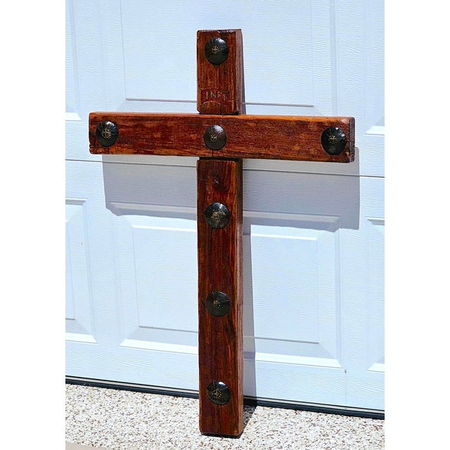 1990s Rustic Handcrafted Oak Wall Cross With Decorative Clavos For Sale - Image 5 of 13