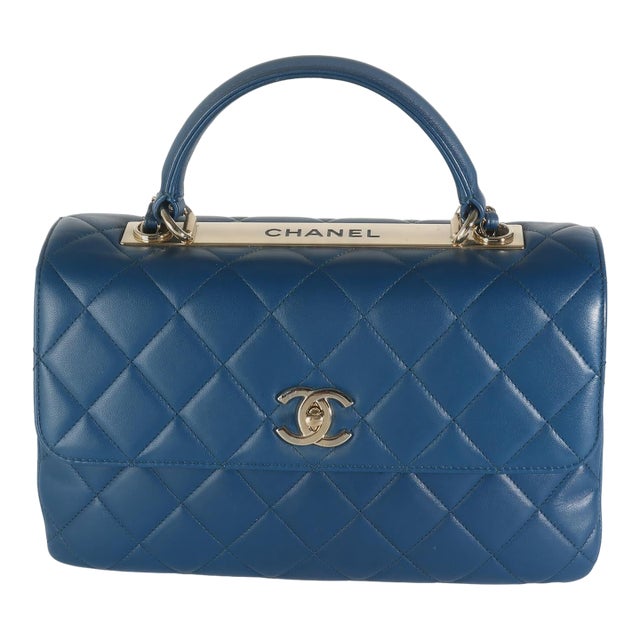 Navy Quilted Lambskin Medium Trendy Top Handle Bag For Sale