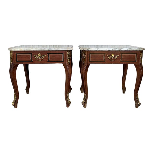 Louis XV Style Mahogany and Marble-Top Coffee Table With Bronze - a Pair For Sale