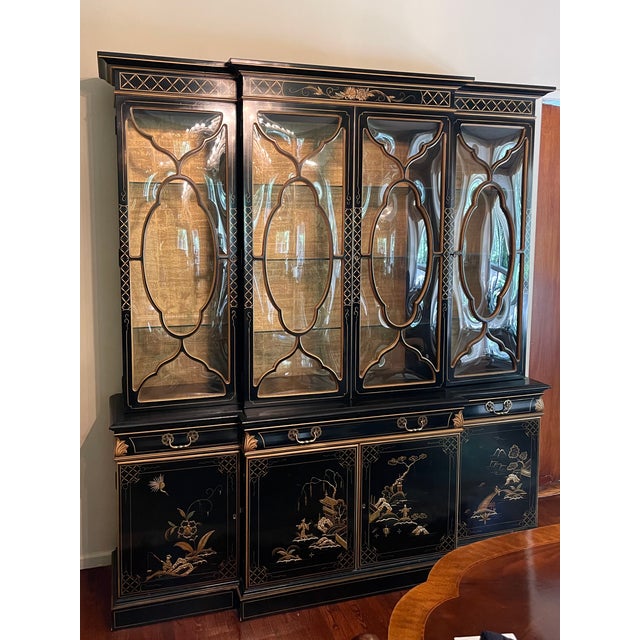 Karges Furniture Vintage Karges Chinoiserie Style Bubble Glass Secretary Breakfront For Sale - Image 4 of 17