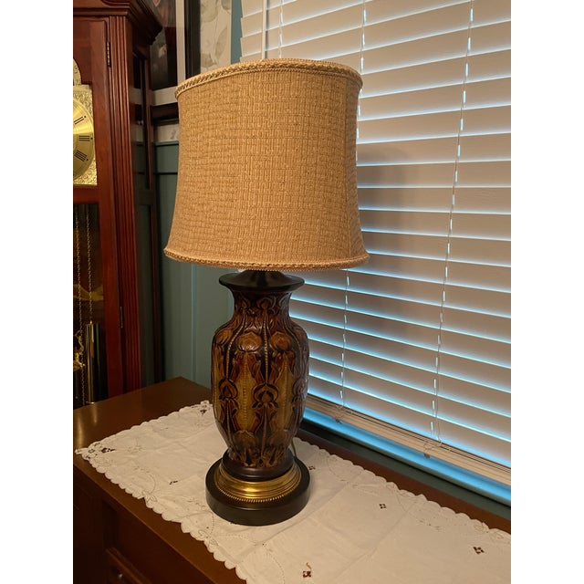 Designer Frederick Cooper Art Nouveau Style Ceramic Table Lamp With Original Woven Shade For Sale - Image 15 of 18