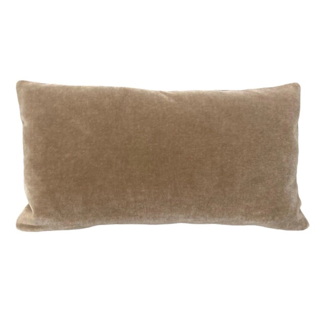 Contemporary Plush Tan Camel Down Filled Lumbar Mohair Pillows - A Pair For Sale - Image 3 of 3