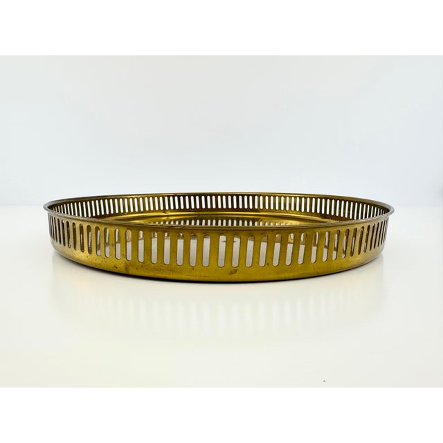 Metal Vintage Hollywood Regency Round Brass Gallery Tray With Pierced Rim For Sale - Image 7 of 9