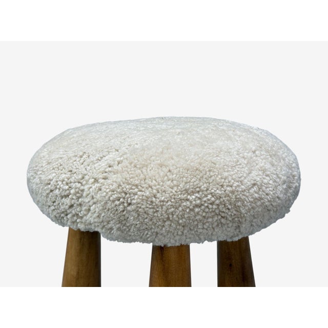 Danish Modern Style, Sheepskin Stools, Beige Shearling, Maple, Usa, 21st C. For Sale - Image 4 of 7