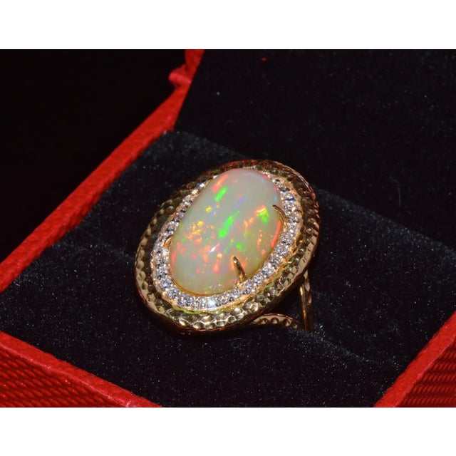 Cream Certified Natural 7.44Cts VS F Diamond Opal Cocktail Halo Hammered 18K Solid Gold Ring, size 6.75 For Sale - Image 8 of 10