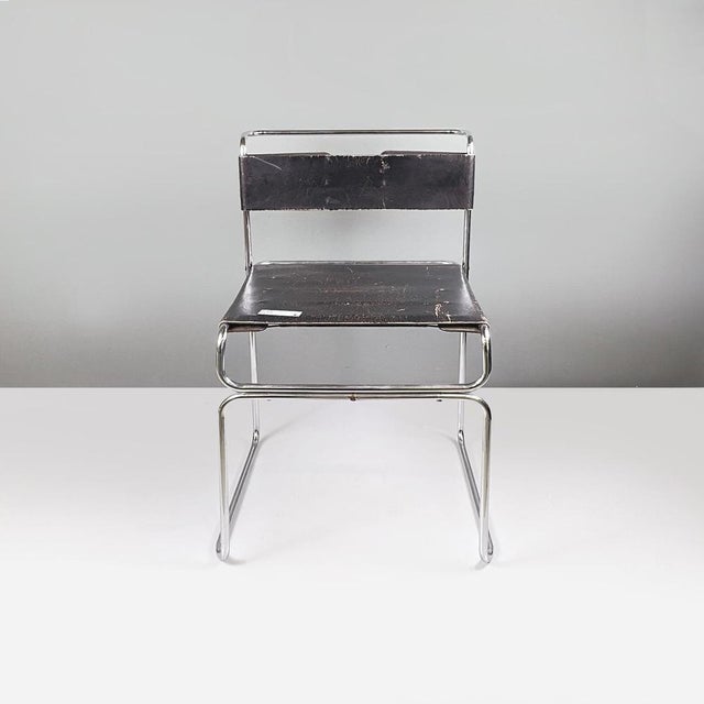 Italia modern Black leather and steel Chair Libellula by Giovanni Carini for Planula, 1970s Chair mod. Libellula...