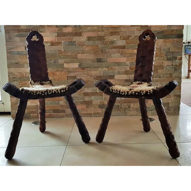 Set of Mid-Century French Wood and Wool Side Chairs, 1960s For Sale - Image 4 of 16