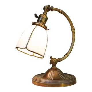 1910s Art Nouveau Edward Miller Industrial Machine Age Elaborate Brass Slag Glass Articulating Desk Table Piano Lamp For Sale