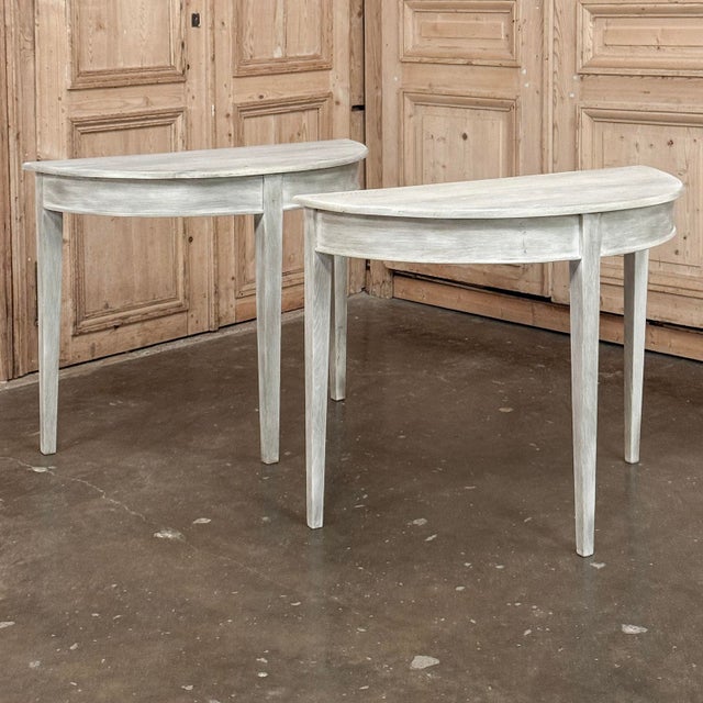 Light Gray Pair of 19th Century French Directoire Whitewashed Oak Demi Lune Consoles For Sale - Image 8 of 18