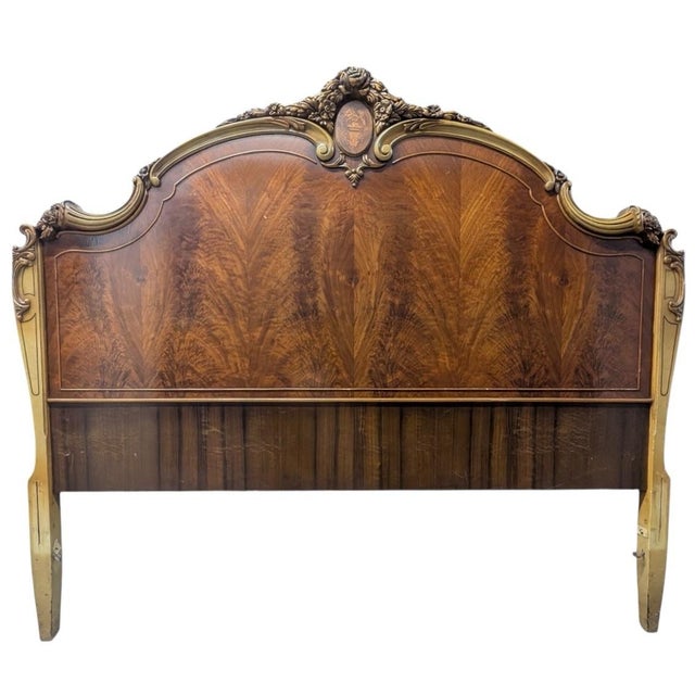 Romweber French Provincial Louis XV Flame Mahogany and Parcel Painted Bed Frame -Era: circa 1920s -This bed frame is...