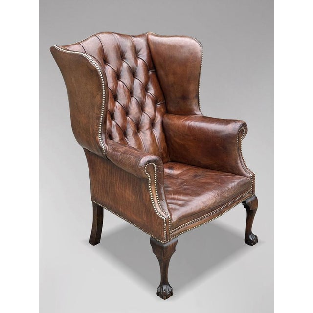 Brown Brown Leather Button Wing Armchair, 1860s For Sale - Image 8 of 11