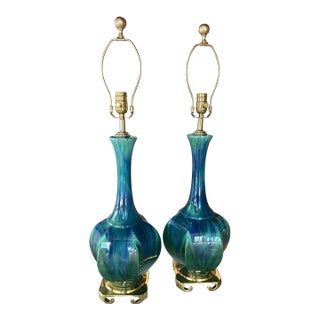 Vintage Pair of Blue Green Ceramic Table Lamps Brass Greek Key Base - a Pair For Sale