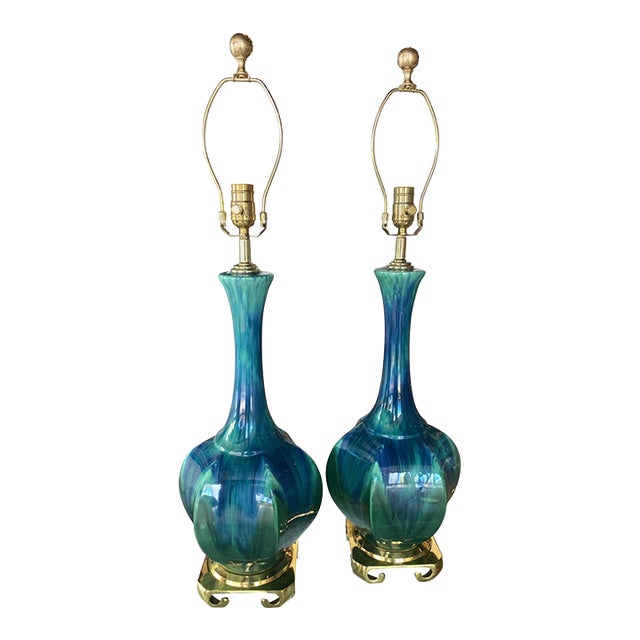 Vintage Pair of Blue Green Ceramic Table Lamps Brass Greek Key Base - a Pair For Sale