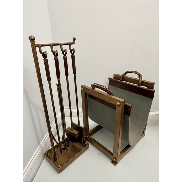 Rustic Pottery Barn Industrial Fireplace Tool Set & Canvas Log Carrier With Iron Stands For Sale - Image 3 of 10