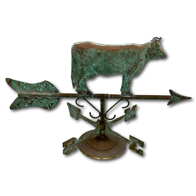 Very Decorative Vintage Mid Century Copper & Brass Cow Weathervane With Wind Directional - Mounted for Display For Sale - Image 9 of 12