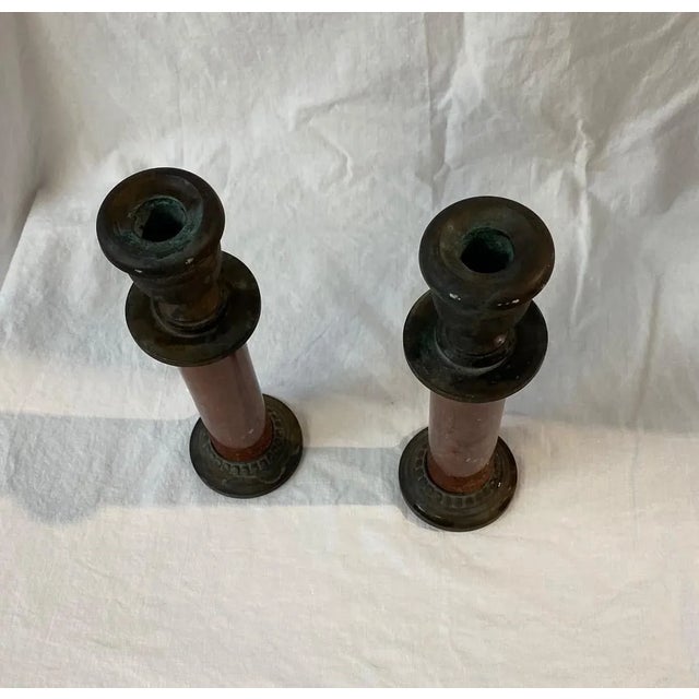 Sarreid Ltd. Vintage Sarreid Ltd. Marble & Verdigris Candle Stick Holders- a Pair For Sale - Image 4 of 11