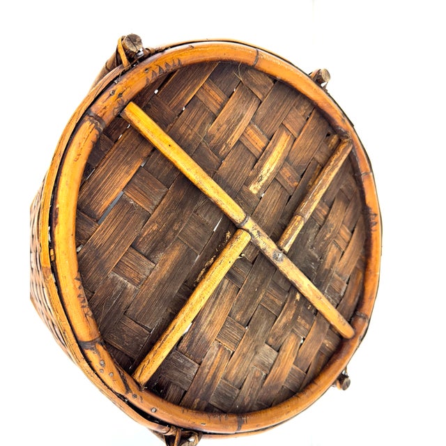 Vintage Handwoven Split Bamboo Gathering Basket With Bentwood Handles For Sale - Image 9 of 9
