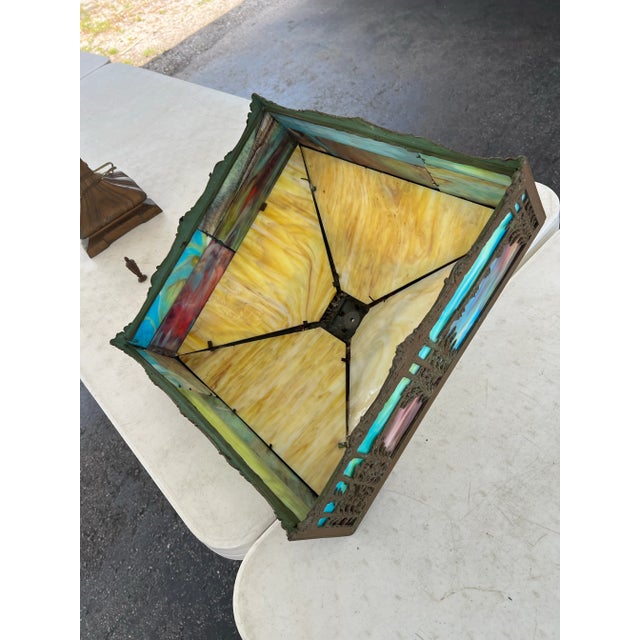 1940s Vintage Square Slag Glass Lamp With Rustic Scene For Sale - Image 11 of 12