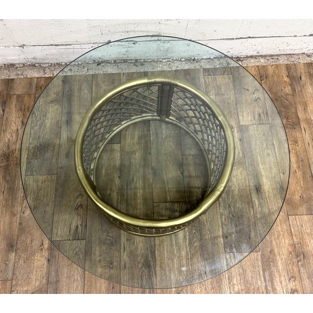 Brown Vintage Boho Style Rattan and Glass Round Coffee Table Cocktail Table For Sale - Image 8 of 15