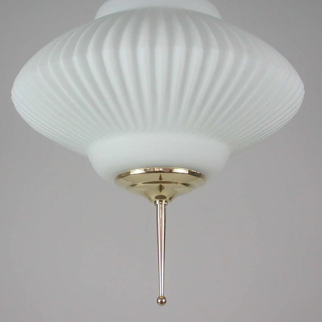 Mid-Century Ribbed Milk Glass & Brass Globe Pendant Attributed to Stilnovo For Sale - Image 14 of 18