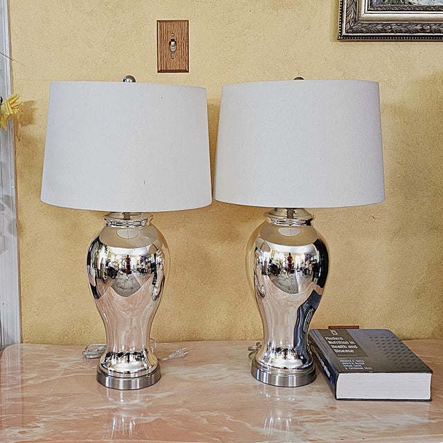 Pair of Vintage Mercury Glass Table Lamps With Light-Gray Drum Shades For Sale - Image 15 of 18